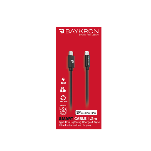 Baykron USB C to Lightning Cable, 3A, MFI  Certified, 1.2M, TPU, Black